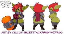 4_fingers amber_eyes areola armor ass belly big_breasts big_butt big_ears blush boots breasts chainmail clothed clothing digital_media_(artwork) ear_piercing ear_ring fantasy female fingers footwear giant_hammer goblin goblin_female green_body hair hammer hi_res holding_object humanoid mina_(palewdasarts) model_sheet nipple_piercing nipples paladin piercing red_hair ring_piercing shoes short_stack shortstack slightly_chubby solo tagme thick_thighs tools unconvincing_armor zyreo