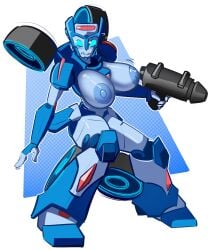 1girls banjacksshool big_breasts blue_eyes blue_nipples breasts chromia female fembot high_resolution highres light_blue_skin nipples pistol robot robot_girl robot_humanoid solo solo_female transformers transformers_cyberverse