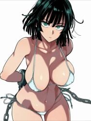 animated arms_behind_back bikini bikini_bottom_only black_hair blush bound breasts cg chains closed_mouth collarbone cowboy_shot cuffs female fubuki_(one-punch_man) green_eyes green_hair henkawa large_breasts looking_at_viewer navel nipples one-punch_man short_hair side-tie_bikini_bottom simple_background solo swimsuit topless underwear white_background white_bikini