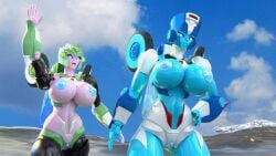 2girls 3d 3d_(artwork) big_breasts blue_eyes blue_nipples blue_pussy blue_skin breasts chromia clitoris freckles glowing_eyes high_resolution highres large_breasts madkatz8 moonracer naked naked_female nipples nude nude_female pussy robot robot_girl robot_humanoid transformers vagina