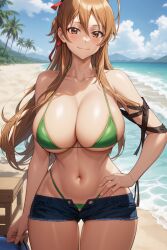 1girl ahoge ai_generated arm_strap ass_visible_through_thighs bangs bare_shoulders beach bikini bikini_under_clothes blue_shorts blue_sky blush breasts brown_eyes brown_hair clavicle cleavage closed_mouth clothing cloud collarbone day denim denim_shorts female green_bikini green_swimsuit hair_between_eyes hair_ornament hair_ribbon hand_on_own_hip highleg highleg_bikini highschool_of_the_dead large_breasts long_hair looking_at_viewer micro_shorts mountainous_horizon navel ocean open_fly outdoors palm_tree rei_miyamoto rena_aikawa_(pixiv_user) ribbon sand shore short_shorts shorts sideboob sky smile solo standing stomach swimsuit thighs tree underboob water