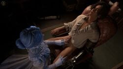 1boy 1girls blue_hair bottomless chair dress femboy hand_on_penis lies_of_p pinocchio_(lies_of_p) prosthetic_arm sophia_monad touching_penis train