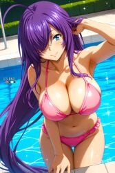 1girls ai_generated anime anime_girl anime_style armpits beautiful beautiful_females blue_eyes_female breasts busty_female divine_beauty eternoai fantasy female hands_up high_school high_school_student huge_breasts ikkitousen kanu_unchou long_hair looking_at_viewer looking_pleasured lovely navel one_eye_covered perfect_body pink_bikini plant pool posing purple_hair_female seductive_look sexy sidelocks trees upper_body voluptuous_female