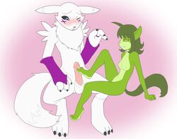 1boy 1girls anthro anthro_on_anthro breasts canine digimon female female_anthro footjob fox fur furry hindpaw limety male male/female male_anthro male_anthro/female_anthro male_renamon naughty_face nude original_character penis petit renamon renamon612 small_breasts straight