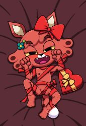 accessory bed blush bondage box_of_chocolates felid female food genitals kcn looking_at_viewer mammal narrowed_eyes olivia_paprika open_smile pantherine paprika_(series) pink_body pink_fur red_ribbon ribbon_bondage valentine's_day wrapped yellow_eyes