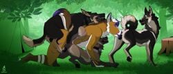 2025 anal anal_sex anatomically_correct anatomically_correct_genitalia anatomically_correct_vulva animal_genitalia animal_vulva anthro anthro_on_feral anus balls black_body black_fur black_pawpads brown_body brown_fur canid canine canine_genitalia canine_vulva canis cheek_tuft closed_eyes collar cunnilingus curled_tail doggy_style domestic_dog ear_piercing facial_tuft female female_penetrated feral feral_penetrated feral_penetrating from_behind_position fur genitals german_shepherd gold_(metal) gold_tooth grass group hair hi_res knotting male male/female male/male male_penetrated male_penetrating male_penetrating_anthro male_penetrating_female male_penetrating_male mammal markings multicolored_body multicolored_fur oral outside_sex pawpads penetration penis piercing plant purple_markings purple_penis purple_tongue pussy sabuky sex tail tail_wrapped_around_body tent tongue tree_stump tuft vaginal_penetration vulva white_chest white_hair zoophilia