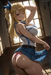 1girls ai_generated artist_name ass bangs belt blonde_hair blue_bow blue_ribbon blue_skirt blush brown_eyes cleavage clothes_lift fairy_tail hair_ribbon indoors large_breasts lifted_by_self long_hair looking_at_viewer lucy_heartfilia one_eye_closed panties patreon_username pink_panties ribbon shirt sidelocks skirt skirt_hold skirt_lift sleeveless snazzdaz snazzle solo stable_diffusion thighs underwear window
