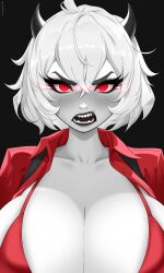 absurd_res absurdres annoyed annoyed_expression big_breasts black_eyeshadow black_lips black_lipstick burningaq burningaq_(artist) cleavage demon demon_girl demon_horns eyeshadow glowing_eyes helltaker horns huge_breasts lipstick makeup malina_(helltaker) messy_hair monochrome_body red_bra red_clothing red_eyes red_shirt sharp_teeth short_hair teeth thick_eyebrows undone_shirt vest white_hair white_skin