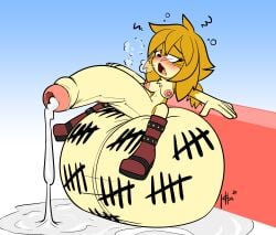 2025 absurd_res after_urethral anthro balls big_balls blue_background blush bodily_fluids boots boots_only breasts canid canine canis chest_tuft clothing cum digital_media_(artwork) domestic_dog footwear footwear_only futanari gaping gaping_urethra genital_fluids genitals hi_res huge_balls hyper hyper_balls hyper_genitalia intersex lettuce_(artist) looking_up mammal mostly_nude navel nipples open_mouth shoes simple_background solo tally_marks tuft urethra