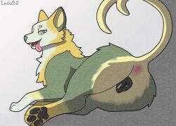 absurd_res animal_genitalia animal_vulva anus ass boltund canid canine canine_genitalia canine_vulva female feral fur generation_8_pokemon genitals green_body green_eyes green_fur hi_res looking_at_viewer looking_back lotnik5 lying mammal nintendo on_side open_mouth pawpads paws pokemon pokemon_(species) presenting presenting_hindquarters rear_view shaded simple_background simple_shading solo solo_focus tail teeth thick_thighs thin_tail tongue tongue_out yellow_body yellow_fur