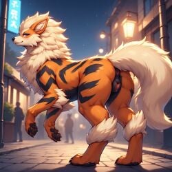 ai_art ai_generated animal_genitalia anus arcanine canid canine canine_genitalia canine_pussy female feral feral_only generation_1_pokemon looking_at_viewer looking_back mammal orange_body orange_fur pokemon pokemon_(species) pussy