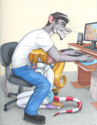 blonde_hair closed_eyes computer dark_hair fellatio female gamer hair kneeling male oral oral_sex penis raganzi rat ratcandy rodent sex shoes shorts sitting straight team_fortress_2 topless