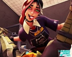 1boy 1girls 2023 3d 3d_background 3d_model artist_logo artist_name bathroom black_hair choker crazy_girl crazy_smile epic_games female female_on_top fortnite fortnite:_battle_royale green_eyes helsie_(fortnite) human legs_up male male_on_bottom necklace numbasnsfw open_mouth ponytail purple_dress purple_shirt red_hair tank_gunner_(fortnite) thenumbersdon'tlie three_tone_hair tongue_out video_game_character video_games watermark x_redeyes