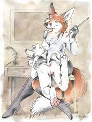 2004 anthro anus bent_over blue_eyes canine eye_contact eyes female fox fur furry looking_at_another looking_back nude pussy raised_tail sanssouci sex spanking tail yuri