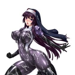 black_hair black_thighhighs blush bodysuit boots breasts bukkake clenched_hand covered_navel covered_nipples cum cum_on_body cum_on_breasts cum_on_clothes cum_on_hair elbow_gloves facial female game_cg gloves impossible_bodysuit impossible_clothes kamori_sayaka large_breasts latex long_hair looking_at_viewer matai_toshi non-web_source nun open_mouth original purple_bodysuit purple_eyes purple_hair rindou_(radical_dream) shiny_clothes skin_tight solo thigh_boots thighhighs transparent_background variant_set