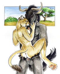 anthro bovine feline female fur furry gnu heather_bruton hunter lion lioness male nude predator_prey_reversal sex