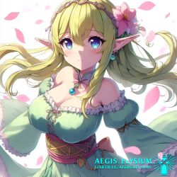 1girls 2025 aegis_elysium ai-generated ai_art ai_generated blue_eyes blush blushing_at_viewer breasts cleavage cute cute_face dress elf elf_female elf_girl female_focus flower gem hair_ornament headpiece hi_res high_quality high_res high_resolution huge_breasts jewelry large_breasts long_hair original original_character petals rose skindentation solo solo_focus tiara upper_body watermark