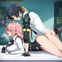 1boy 1girls ai_generated asaba_harumasa ass bed big_breasts big_butt black_hair blush buttons choker clenched_teeth clothed_sex clothes earings espada69 female from_behind glasses gloves gripping_sheets headband heart high_heels hoyoverse impact_lines long_hair male male/female motion_lines open_mouth pink_eyes pink_hair pussy short_hair shoulder_pad side_locks straight sweat tie tongue tsukishiro_yanagi vaginal_penetration visible_breath yellow_eyes zenless_zone_zero