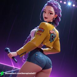 1girls ai_generated ass barepixels07 blush braid breasts brown_eyes clothed concert cowboy_shot female happy kpop_demon_hunters long_hair looking_at_viewer looking_back medium_breasts necklace netflix public rumi_(kpop_demon_hunters) scene single_braid solo solo_female stage stage_lights standing