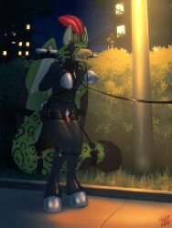 anthro avian beak bit_gag black_bodysuit black_clothing black_skinsuit blinders bodily_fluids bodysuit bondage bondage_gear bondage_gloves boots bound building clothing collar espressothegoat exhibitionism eyewear feathered_wings feathers footwear gag genital_fluids green_body green_feathers gryphon halter handwear harness_bit_gag harness_gag hedge hi_res hoof_boots hoof_gloves horn horse_harness jaye_ventus leaking_precum leopard_spots lock male metal mythological_avian mythological_creature mythology night open_beak open_mouth padlock petplay plant plume ponyplay precum public public_exposure roleplay saliva shoes shrub sidewalk skinsuit solo spots straps street_lamp tail tight_clothing tongue white_body white_feathers wings wings_tied