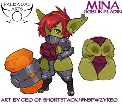 4_fingers amber_eyes areola armor ass belly big_breasts big_butt big_ears blush boots breast_grab breasts chainmail clothed clothing digital_media_(artwork) ear_piercing ear_ring fantasy female fingers footwear giant_hammer goblin goblin_female green_body hair hammer hand_on_breast hi_res holding_object humanoid mina_(palewdasarts) nipple_piercing nipples paladin piercing red_hair ring_piercing shoes short_stack shortstack slightly_chubby solo tagme thick_thighs tools unconvincing_armor zyreo