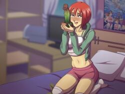 1girls 2025 2d bed bedroom before_masturbation big_dildo big_penis clothed clothing cock cock_worship computer dildo disney dolphin_shorts female female_protagonist game_cg green_dildo green_jacket holding_dildo kneeling kneeling_on_bed lazy_tarts legwear looking_at_dildo midriff monitor no_ai penis pillow pink_shorts red_hair sex_toy short_hair shorts solo somka108 stockings tank_top veiny veiny_penis w.i.t.c.h. white_legwear white_tank_top will_vandom