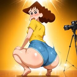 1girls absurd_res ai_generated ass_focus big_ass big_butt brown_hair bubble_butt camera crayon_shin-chan embarrassed exposed_ass feet female female_focus filming hi_res high_resolution milf misae_nohara round_ass round_butt squatting squatting_female squatting_position thick_ass thick_thighs tremble_lines twerking twerking_position wide_hips