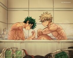 abs almirondraws bakugou_katsuki bath bathing bathroom bathub blonde_hair boku_no_hero_academia bones_(company) comforting completely_nude crying curly_hair freckles green_eyes green_hair indoors izuku_midoriya katsuki_bakugou male messy_hair midoriya_izuku muscular my_hero_academia nude pectorals red_eyes sad scar shounen_jump sitting spiked_hair tears yaoi