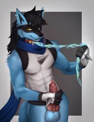 absurd_res anthro bodily_fluids canid canine clothing collar ear_piercing ear_ring fingerless_gloves foofy_(foofybluedoggo) generation_4_pokemon genital_fluids genitals gloves handwear hi_res knot knotted_penis leash leashed_collar lucario male mammal mega_stone nintendo penis piercing pokemon pokemon_(species) precum ring_piercing scarf solo white_body yellow_eyes