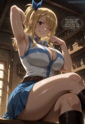 1girls ai_generated arm_behind_head armpits artist_name bangs belt blonde_hair blush brown_eyes cleavage crossed_legs fairy_tail large_breasts long_hair looking_at_viewer lucy_heartfilia one_eye_closed patreon_username sitting skirt sleeveless smile snazzdaz snazzle solo stable_diffusion thighs