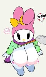 big_breasts breasts cassettedream dream-cassette green_sweater hoshime my_melody orange_bow purple_scarf sanrio scarf silk_scarf sweater sweater_lift