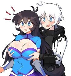 1boy 1boy1girl 1girls black_hair blue_eyes breasts cleavage clothing female freckles groping groping_breasts hi_res holding_breast jarckius long_hair star_pupils suprised tagme white_hair yukihana_(jarckius)