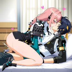 1boy 1girls ai_generated asaba_harumasa balls bed big_breasts big_butt black_hair blush breast_squish breasts_against_chest closed_eyes clothed clothed_sex cowgirl_position cum cumming cumshot curtains earings espada69 female_domination female_only fully_clothed glasses gloves hair_ornament hand_on_face hand_on_partner headband heart high_heels hoyoverse kissing kissing_while_penetrated long_hair looking_at_partner male male/male pants_down penis pink_eyes pubic_hair pussy riding riding_penis short_hair shoulder_pad side_locks straight_hair tie tsukishiro_yanagi vaginal_penetration zenless_zone_zero