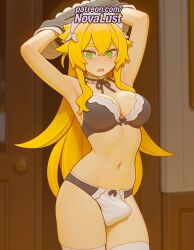 1futa 2025 ai_generated artist_name blonde_hair blush bow bra breasts bulge bust chest frederica_baumann futanari green_eyes hi_res high_quality high_resolution highres intersex long_hair navel novalust open_mouth panties patreon patreon_username re:zero_kara_hajimeru_isekai_seikatsu solo stable_diffusion thighhighs underwear watermark white_legwear white_panties