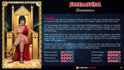 ancient_egypt ankle_wrap areola areolae black_hair black_hair_female bob_cut breasts caption character_bio character_profile character_sheet commentary crossed_legs egypt egyptian egyptian_clothing egyptian_female english english_commentary english_text feet female female_focus female_only frame framed framed_picture freelustism gladiator_sandals leather_sandals medium_length_hair mythology one_breast_out original_character red_dress red_eyes red_lips red_lipstick red_mouth red_nail_polish red_nails red_toenail_polish red_toenails religion sandals seductive seductive_look seductive_pose seductive_smile solo solo_female solo_focus spirit story tanis_(freelustism) tanline tanlines tanned tanned_female tanned_skin teen teenager text thighs throne throne_room young younger_female