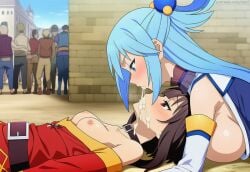 2girls after_fellatio after_oral ai_generated aqua_(konosuba) blush breasts_out cum cum_in_mouth cum_sharing cum_string cum_trail day dripping_cum facial from_side kono_subarashii_sekai_ni_shukufuku_wo! konosuba lying megumin nipples on_back on_person on_stomach outdoors public sharing sharing_cum side_view snowballing swallowing watermark zzz7