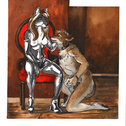 2010 anthro bondage breasts canine collar corset dominatrix elbow_gloves female fox fur furry gentle handcuffs kneeling leather male petting red_dog riding_crop sitting straight topless wolf