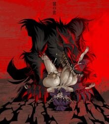 4_toes 5_fingers 5_toes aggressive amara_(grimcrow) ambiguous_penetration areola arm_tuft back_tuft beast_of_darkness berserk_(series) big_areola big_breasts big_claws big_dom_small_sub bite biting_another black_body black_fur blush bodily_fluids breast_bite breast_play breast_pull breast_squish breast_torture breasts canid canine canis cheek_tuft claw_marks claws creepy_face cum cum_inside cum_overflow dangerous demon dominant dominant_feral dominant_male duo ears_back ejaculation elbow_tuft facial_tuft fangs feet female female_penetrated feral feral_penetrating fingers fluffy fluffy_tail from_front_position fur fuzzy genital_fluids genitals grey_body grey_skin grimcrow hair hi_res huge_breasts humanoid humanoid_on_feral humanoid_penetrated humanoid_pointy_ears lactating legs_up long_hair looking_at_viewer lying male male/female male_penetrating mammal masochism metal metal_claws monster neck_tuft nipple_bite nipple_fetish nipple_play nipples no_pupils nude on_back on_ground on_top open_mouth open_smile penetration penis pinned pinned_arms pivoted_ears pointy_ears predator/prey purple_hair red_background red_eyes robotic_arm robotic_claws robotic_limb rough_sex scary sex shaded sharp_teeth shoulder_tuft simple_background size_difference smaller_penetrated smile squish submissive submissive_female submissive_humanoid tail teeth toes tongue tongue_out tuft wolf zoophilia