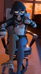 3d_(artwork) absurd_res anthro areola avet3d beanie belly bottomwear breasts claws cleavage clothed clothing crop_top curvy_figure denim denim_bottomwear denim_clothing digital_media_(artwork) epic_games feet felid feline female flashing flashing_breasts foot_focus fortnite fortnite:_battle_royale hat headgear headwear hi_res hoodie jewelry looking_at_viewer mammal medium_breasts meow_skulls necklace nipples one_breast_out pattern_clothing pawpads piercing shirt shorts sitting solo striped_clothing stripes sunset toe_claws topwear