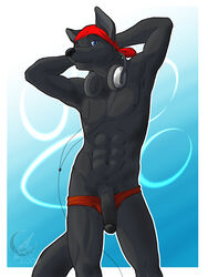 2009 anthro bandana black_nose black_penis canine eclipsewolf flaccid front_view fur furry headphones hi_res looking_at_viewer lupine_assassin male male_only penis solo speedo standing underwear wolf