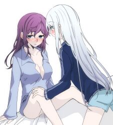 2girls asahina_mafuyu blue_eyes blue_jacket blue_shirt blue_shorts blush breasts cleavage collarbone commentary female hachi-kun hand_on_another's_knee jacket large_breasts long_sleeves looking_at_another multiple_girls parted_lips project_sekai purple_hair pussy pussy_juice pussy_juice_stain shirt shorts simple_background speech_bubble white_background yoisaki_kanade yuri