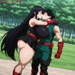 1boy 1girls ai ai_generated akame_(akame_ga_kill!) akame_ga_kill! belt black_hair bodysuit closed_eyes deku dratvan_(style) dress freckles gloves grass green_bodysuit green_eyes green_hair hero_outfit_(mha) izuku_midoriya kissing kissing_each_other long_hair midoriya_izuku my_hero_academia necktie outdoors park red_eyes red_gauntlets red_shoes red_tie reenka25 shoes short_hair skirt sleeveless tie trees very_long_hair wholesome