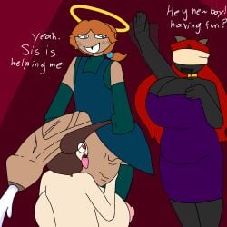 1boy 2025 2d 2d_(artwork) 2girls 2girls1boy areola areolae ball_worship balls balls_worship ballsack bethany_(the_binding_of_isaac) big_balls big_breasts big_cock big_penis black_body blind blindfold bottom_heavy breasts breasts_out brother brother_and_sister brown_hair choker christian christian_cross christianity clothed clothed_male_nude_female cock cock_hungry cock_worship cross cum cum_while_flaccid cumming cumming_from_oral demon demon_girl demon_horns denim denim_dress dialogue dress ejaculation english_dialogue english_text erect erect_nipples erect_penis erection fangs fellatio femboy femboy_on_female femboydom femsub flaccid flaccid_penis flaccid_while_cumming freckles freckles_on_face ginger ginger_hair grabbing grabbing_hair halo heart heart-shaped_pupils heart_eyes hetero hetero_sex holy horns huge_breasts huge_cock human human_female human_male hung hung_femboy hung_trap incest lazarus_(the_binding_of_isaac) licking licking_balls licking_penis light_skin light_skinned_female light_skinned_male lilith_(the_binding_of_isaac) lilithgal long_hair long_sleeves maledom missing_tooth naked naked_female nude nude_female oblivious oral oral_sex penis penis_worship ponytail red_background red_hair short_dress simple_background sister sleeves smile smiling stockings straight straight_sex talking talking_to_another text the_binding_of_isaac tongue tongue_out trap twintails vein veins veiny_balls veiny_penis waving waving_hand worship worshipping