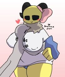 absurd_res ambiguous_gender annabee_(woebeeme) anthro arsinnamon arthropod bee big_breasts blush bow_accessory breasts clothed clothing duo female fur fur_tuft heart_symbol hi_res honey_bee horn hug huge_breasts humanoid hymenopteran hyper hyper_breasts insects jacket nipples sweater topwear tuft