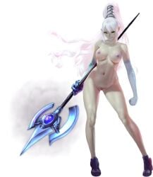 armor artist_request axe bad_source blue_lips breasts brown_eyes cleavage colored_skin cracked_skin crystal_maiden_(series) destiny_(crystal_maidens) female full_body game_cg gauntlets grey_skin grin holding holding_axe long_hair multicolored_skin navel nipples nude official_art pointy_ears pussy shoulder_armor skull smile solo transparent_background two-tone_skin undead variant_set veins white_hair