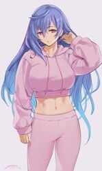 female iris_heart neptunia_(series) pink_clothing pink_eyes plutia purple_hair sweat_pants sweatshirt