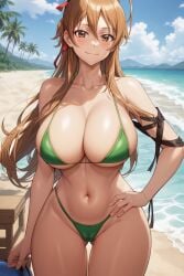 1girl ahoge ai_generated ass_visible_through_thighs bangs bare_shoulders beach bikini blue_sky blush breasts brown_eyes brown_hair cameltoe clavicle cleavage closed_mouth clothing cloud collarbone day female green_bikini green_swimsuit hair_ornament hair_ribbon hand_on_own_hip highleg highleg_bikini highschool_of_the_dead huge_breasts large_breasts long_hair looking_at_viewer mountainous_horizon navel ocean outdoors palm_tree rei_miyamoto rena_aikawa_(pixiv_user) ribbon sand shore sideboob sky smile solo standing stomach swimsuit thighs tree underboob water