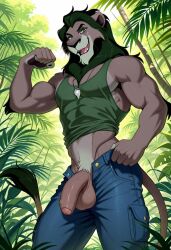 abs ai_generated anthro anthro_male balls biceps big_balls big_penis blush flaccid_penis flexing_arms foreskin furry gay green_eyes lion looking_at_viewer male male_only muscular muscular_male nude_male open_mouth pants_unbuttoned pecs penis safari scar_(the_lion_king) smile tank_top the_lion_king toned_body toned_male twall97 unbuttoned_pants uncircumcised uncut
