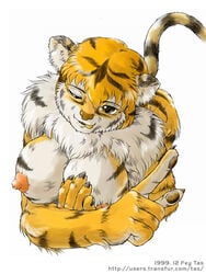 1999 1girls anthro breasts chest_tuft feline female fur furry looking_at_viewer solo tiger usagi_niku wink