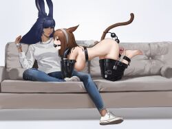 2girls absurdres all_fours anal anal_beads anal_object_insertion animal_ear_fluff animal_ears ball_gag barefoot blue_eyes bondage bound breasts brown_hair character_request copyright_request couch denim dildo elegia final_fantasy final_fantasy_xiv frogtie gag gagged hanging_breasts highres human_dog jeans large_breasts long_hair looking_at_viewer looking_to_the_side medium_breasts miqo'te multiple_girls nipples nude object_insertion on_couch pants pet_play red_eyes sex_toy shoes skindentation sneakers sweater tail vaginal_object_insertion vaginal_penetration very_long_hair white_sweater